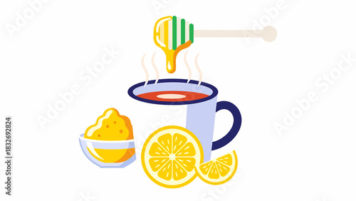 A soothing cup of hot tea with a honey dipper, fresh lemon slices, and a bowl of ginger.