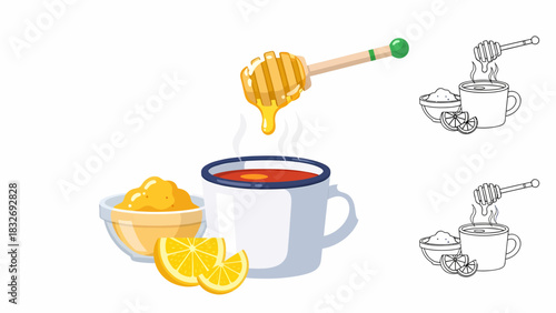 Illustration of a cup of tea with honey and lemon slices.