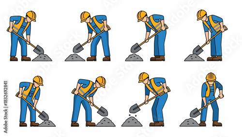 A sequence of eight illustrations showing a construction worker shoveling gravel, depicting the action of scooping and lifting.