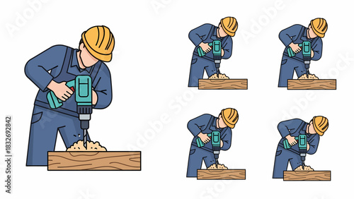 Vector illustration set of a construction worker in a hard hat and overalls drilling a hole into a wooden plank.