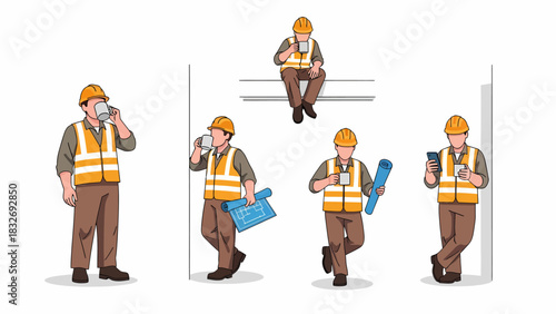 A collection of illustrations depicting a construction worker in various poses, including drinking coffee, using a smartphone, and holding blueprints.