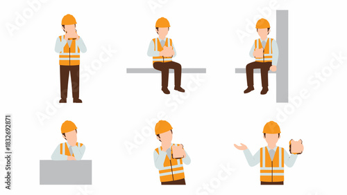 Construction worker illustrations in various poses, wearing safety vests and helmets, in a set.