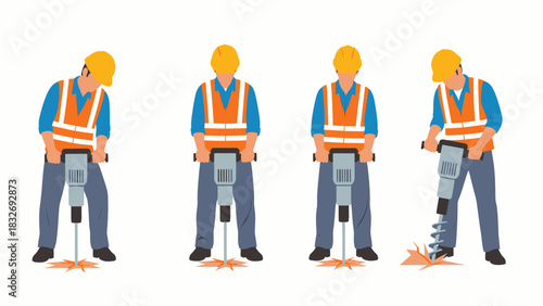 A set of four vector illustrations depicting a construction worker in safety gear operating a jackhammer to break ground.