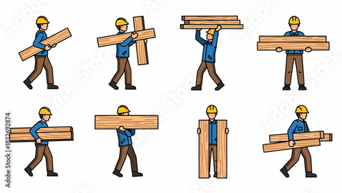 Cartoon illustrations of a construction worker carrying wooden planks in various ways.