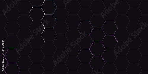 Dark hexagon abstract technology background with blue and black colored bright flashes under hexagon. Hexagonal gaming vector abstract tech background.