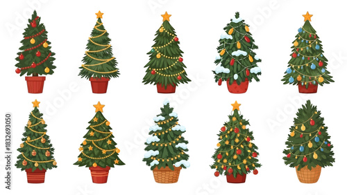 Collection of festive Christmas trees with colorful ornaments and lights