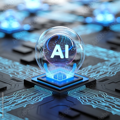 Glowing ai sphere on futuristic circuit board with blue lights
