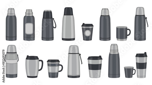 Diverse set of insulated drinkware icons showcasing thermoses, travel mugs, and reusable cups for different hot or cold beverage needs