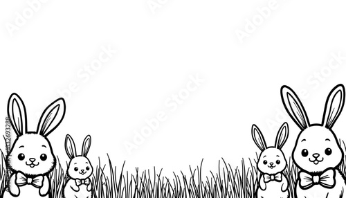 Bunnies with Bow Ties in Grass, Easter Coloring and Kids Fun Activity