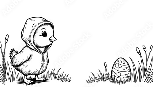 Easter chick in raincoat with decorative egg, kids coloring book and fun activity