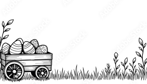 Easter eggs in wagon on grass, children's coloring book and holiday activity