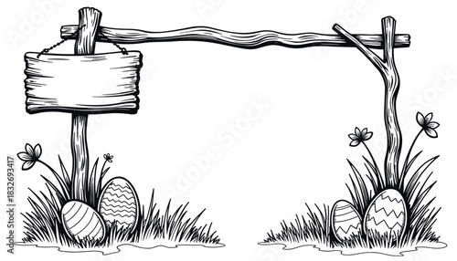 Easter frame with garden sign and eggs, children’s coloring activity and holiday decoration