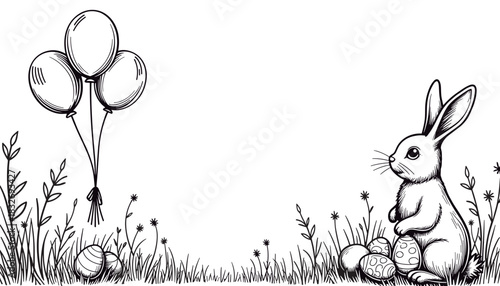 Easter bunny with eggs and balloons in grass border, holiday greeting copy space