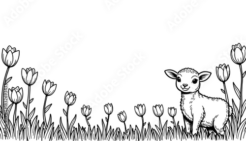 Easter lamb with tulip patch on white background, kids coloring book and spring holiday theme