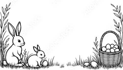 Easter bunnies and picnic basket illustration, children’s coloring book and holiday activity