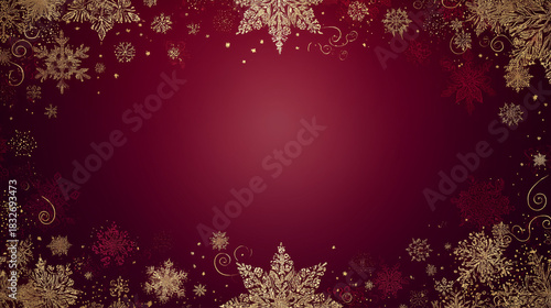 Rich burgundy to deep wine red gradient background, champagne-gold glitter snowflake borders and elegant decorative swirls, understated festive ornaments along edges, large clean empty area in middle 