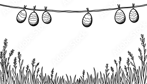 Easter eggs hanging on clothesline above grass, holiday decoration and children’s coloring activity