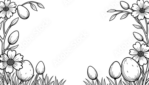 Easter eggs on flower stems in frame, spring holiday and kid's coloring activity
