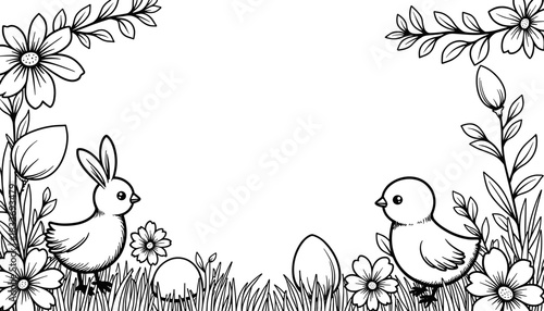 Easter frame with chick and bunny among flowers, spring celebration and kids coloring activity