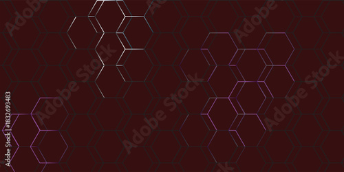 Dark hexagon abstract technology background with brown and black colored bright flashes under hexagon. Hexagonal gaming vector abstract tech background.