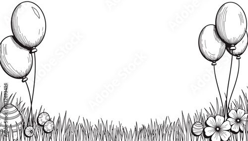 Easter frame with egg-shaped balloon garland, children's coloring book and festive decoration