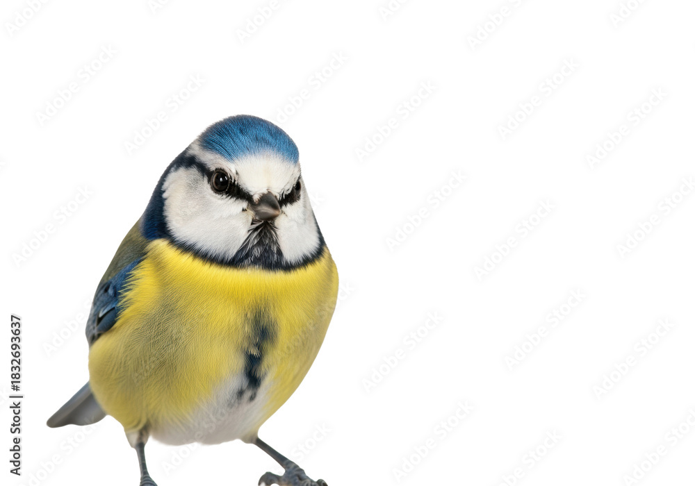 Obraz premium A small eurasian blue tit with detailed feathers perches on a transparent background with ample copy space. Concept of natural beauty and ornithology