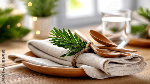Elegant rustic table setting features linen napkin, wooden spoons, and fresh evergreen sprig for a natural, inviting dining experience.