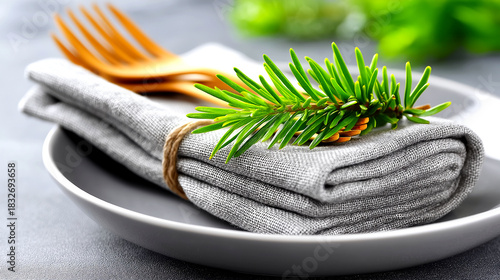 Elegant rustic place setting with folded linen napkin, wooden fork, and fresh pine sprig, perfect for natural dining experiences