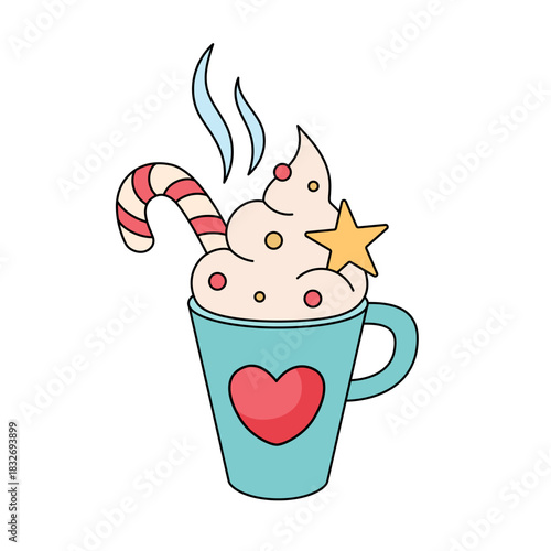 Christmas drink with candy cane and whipped cream doodle style. Retro groovy cartoon illustration. Vector. Outline Mug with hot beverage. Vector illustration isolated on white. Christmas decoration