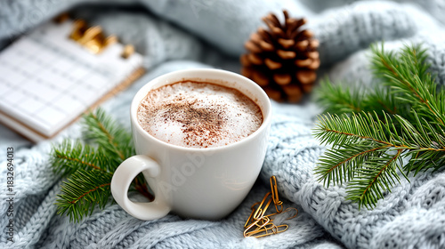 Cozy winter morning with a warm cocoa, pine branches, and a cozy knitted blanket, perfect for festive planning and holiday vibes.