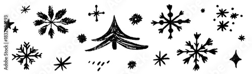 Textured Christmas snowflake set combining crayon sketch work and chalk grain. Snow undertones make each snowflake vivid, with crayon outlines and chalky snow softness.