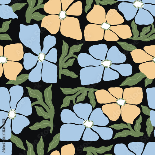 Groovy Floral Seamless Pattern with blue and yellow Flowers on Black Background. Folk Organic Ornament trendy retro hippie 60s 70s. Contemporary Aesthetic square Vector Illustration. Not AI