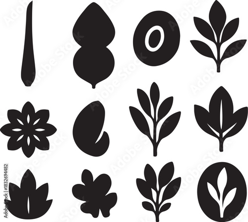 Tropical Aroma Herbs Silhouette Icon Set.eps