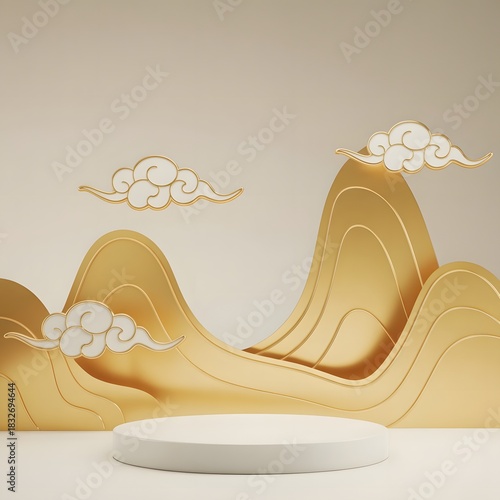 Minimalist product display podium with golden layered mountains and traditional auspicious clouds against a light beige background