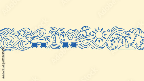 Seamless blue line art border design featuring summer vacation elements like ocean wave, sunglass, palm tree, sun, and anchor on light background
