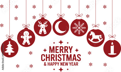 Red Christmas ornaments with festive icons and snowflakes