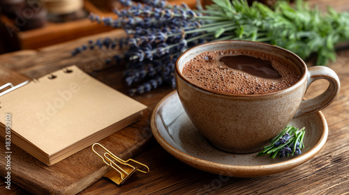 Savor a rich, comforting cup of hot chocolate with a sprig of fresh lavender and an open notebook, perfect for cozy moments and creative inspiration.