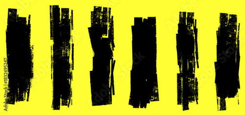 Raw grunge lines mixing roller linocut texture, paired with paint splashes. Brush motion repeats in each brush trace, building a gritty paint and roller style.