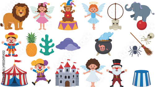 Colorful circus and fantasy character vector set featuring animals, clowns, fairies, Santa, castle, magical elements, and playful illustrations
