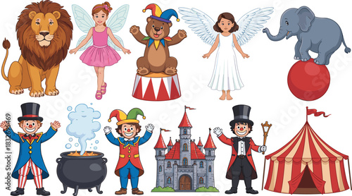Colorful circus and fantasy character vector set featuring animals, performers, fairies, castle, tent, and playful cartoon illustrations