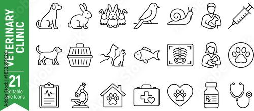 Veterinary clinic line icon set featuring pets, animals, medical tools, pet care symbols, diagnostics, treatment elements, and professional veterinary services.