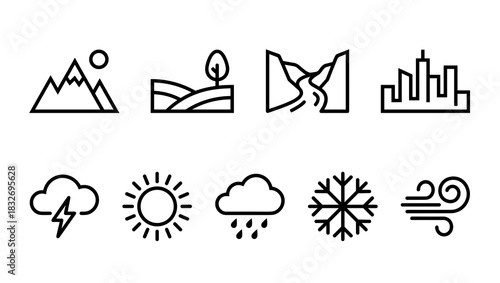 A collection of ten minimalist black line icons illustrating various geographical features like mountains and urban skylines, alongside essential weather phenomena such as sun, rain, and snow.