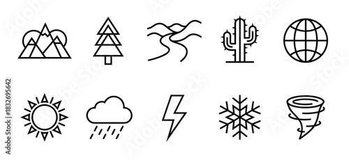 A collection of ten minimalist black outline icons depicting various natural landscapes, climate conditions, and global symbols for use in design projects.