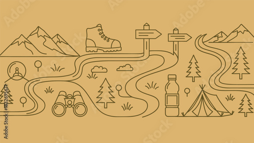 Outline illustration of hiking and camping elements like boot, mountain, tent, signpost, binocular, and path on brown background for adventure travel