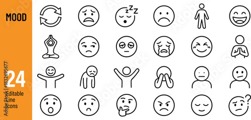 Expressive mood and emotion line icon set showcasing various facial expressions, feelings, reactions, mindfulness poses, and human emotional states.