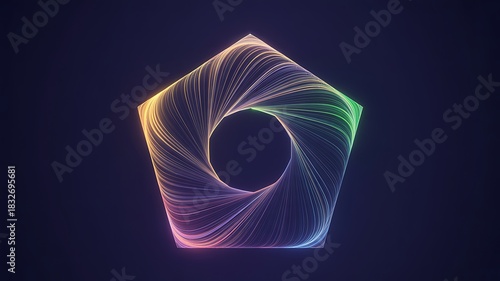 Abstract glowing pentagon shape with colorful light trails on dark background