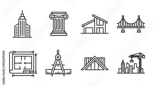 A set of eight minimalist black outline icons depicting various architectural elements like a skyscraper, column, house, bridge, blueprint, compass, roof truss, and city construction site.