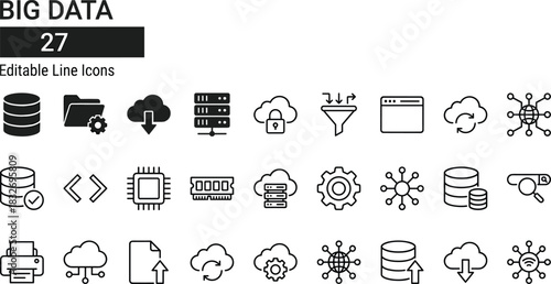 Modern big data line icons collection featuring cloud storage, servers, analytics, database technology, processing tools, network connections, and digital information systems.