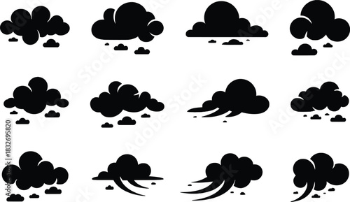 Twelve black cloud icons with wind streaks and small clouds