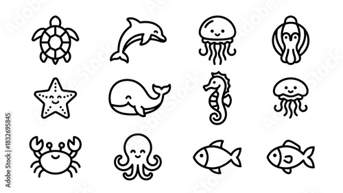 A charming set of twelve distinct, hand-drawn style black line art icons depicting various adorable marine life forms, perfect for educational or playful digital design projects.